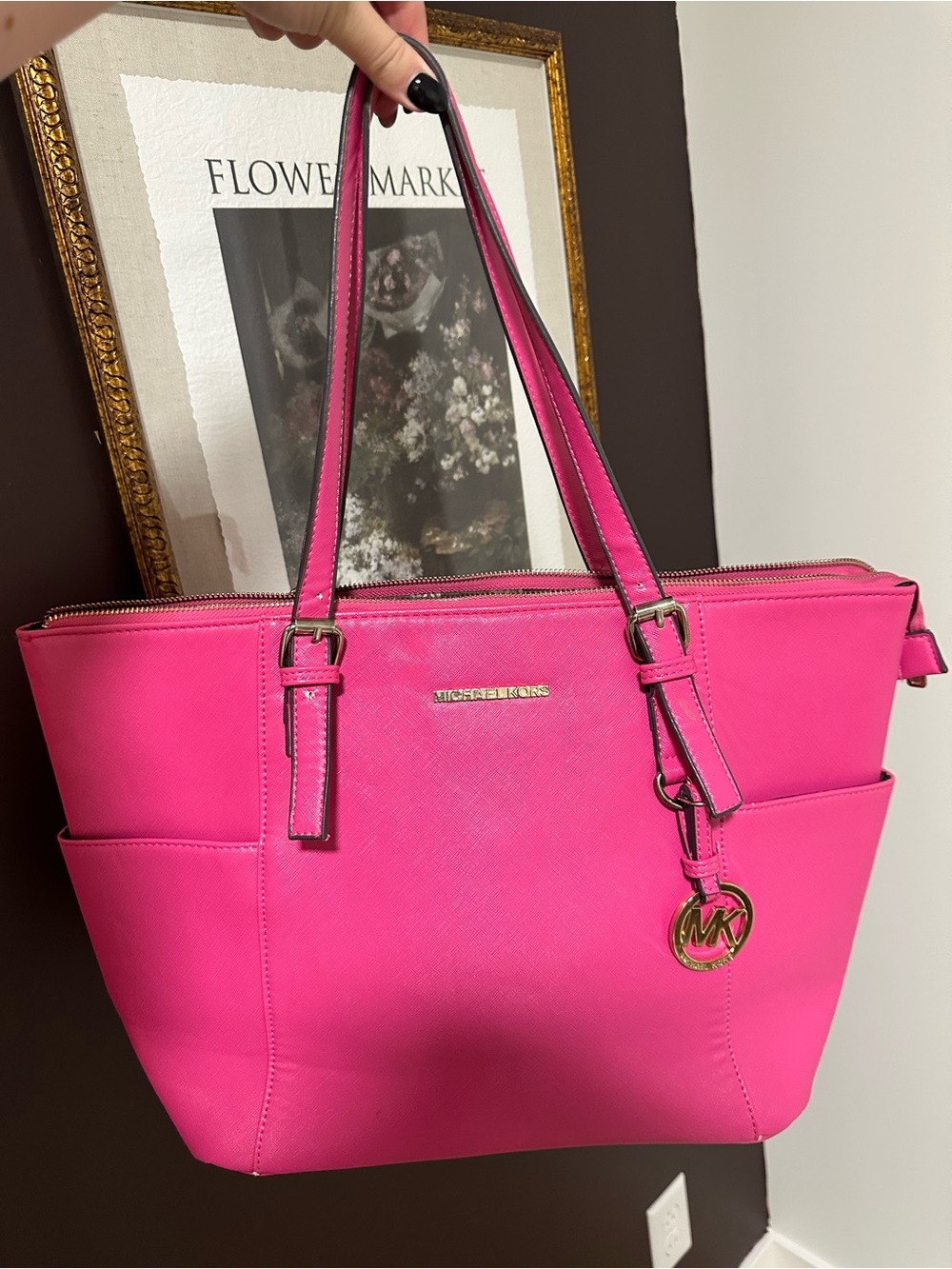 Michael Kors Hot Pink Saffiano Leather Large Tote Bag MK Charm